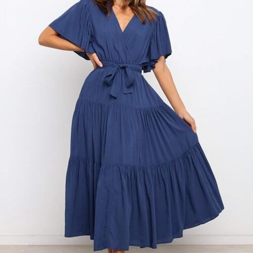 Spring Summer New Women Fashion Solid Short Sleeve V-Neck Bandage Pleated Long Dress Patchwork Loose Casual High Street Vestidos