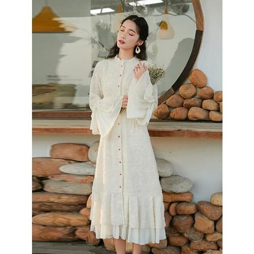Summer New Chinese Wind Female Dress Retro Ancient Ways Temperament In Long Dress Trumpet Sleeve Cardigan Type Dress