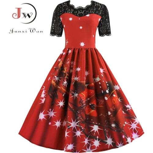 S~3XL New Women Short Sleeve Floral Slim Christmas Dress Lace Patchwork Elegant Robe Femme Vintage Swing Sundress