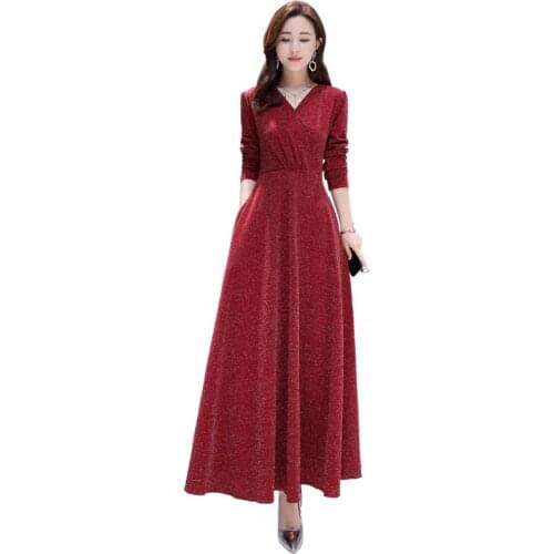 Women Autumn New Gold Velvet Dress Fashion Long Sleeve V-Neck Dress vintage Slim Large size M-5XL Long dress women