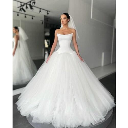 Long V-Neck Tulle Pleated Wedding Dresses A-Line Criss Cross Back Ivory Vestidos de Novia Abendkleid Bridal Gown for Women
