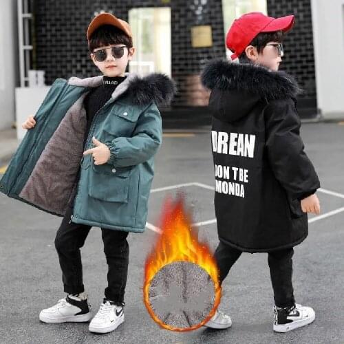 Winter Polyester Fiber Boys Coat New Korean Version Plus Velvet Thick Mid-Length Warm Jacket Fashion Childrens Cotton Overcoat