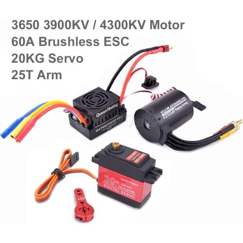 3650 3900KV / 4300KV Brushless Motor 60A ESC with 20kg Metal Gear Servo 25T Arm Combo Set for 1/10 1:10 RC Car Truck