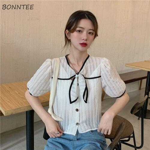 Blouses Women Summer Bow Fashion French Style Cute Simple All-match Soft Breathable Cropped Tops Elegant Puff-sleeve Holiday New