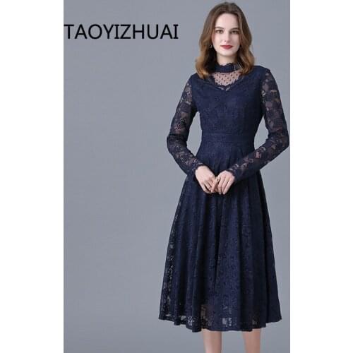 Brand lace dress womens spring and autumn dress new French medium length dress shows thin temperament over Knee Skirt