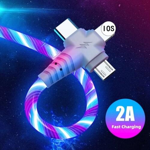 3 In 1 Data Line Fast Charging Colorful Streamer Data Line For Type-C iPhone Micro Xiaomi Samsung 1M Charging Cabl
