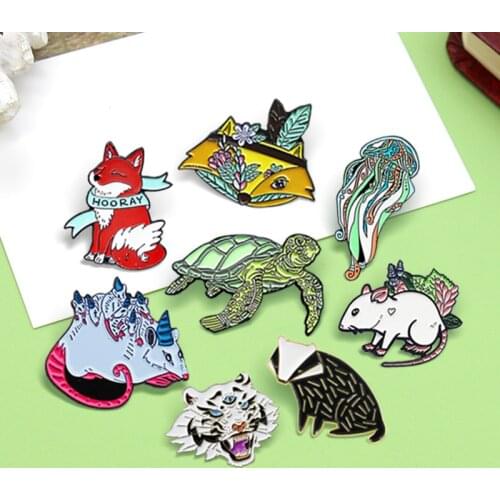 Cartoon Animal Enamel Pins Turtles Jellyfish Fox mouse Rat Tiger Badge Custom Brooch Bag Clothes Lapel Pin Animal Jewelry Gift