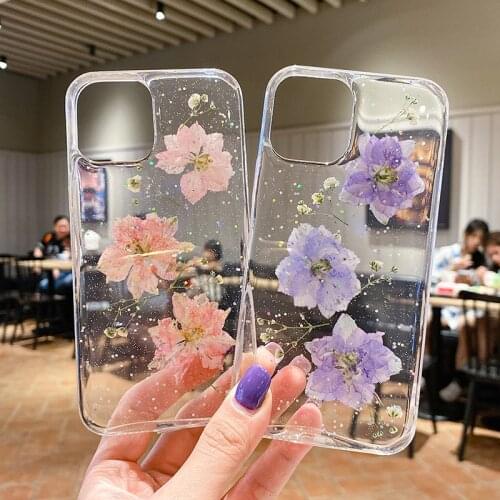 Hot Dried Real Flower Handmade Glitter Clear soft silicon phone case for iphone 12 Pro 7 8 plus 11 X XS XR MAX MiNi SE 2 Cover