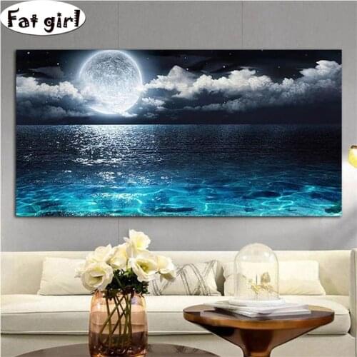 Fat girl Full Round Square Drill 5D Diamond Painting Moonlight lake Scenery 3D Diamond Embroidery Cross Stitch Home Decor