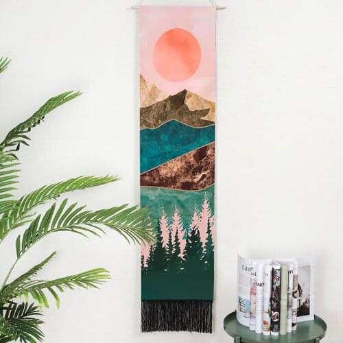 Japanese Style Sun Mountain Landscape Tapestry Hippe Pink Blue Tree Wall Hanging With Tasseles Carpet Gift Home Room Decoration
