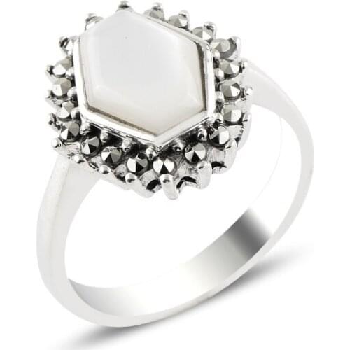 Silver 925 Sterling Pearl & Marcasite Ring