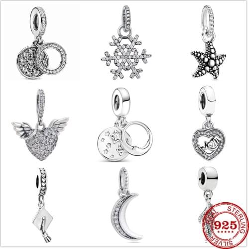 Hot Selling 100% genuine 925 sterling moon heart Angel wings snowflake starfish charm bead charms fit original pandora bracelets