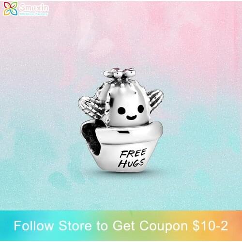 Smuxin 925 Sterling Silver Beads Free Hugs Cactus Charms fit Original Pandora Bracelets for Women Jewelry Making Birthday Gift