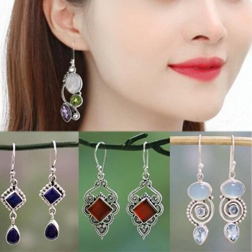 Antique Style Geometry Moonstone Drop Earrings For Women Boho Round Red Blue Opal Earrings Female Zircon Wedding Jewelry