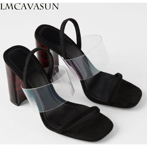 LMCAVASUN Ladies slippers and sandals PVC one word belt Block Heel Women slides