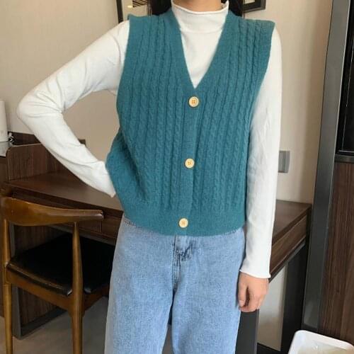 Women Solid Color V Neck Single-breasted Braid Knitted Cardigan Waistcoat Vest