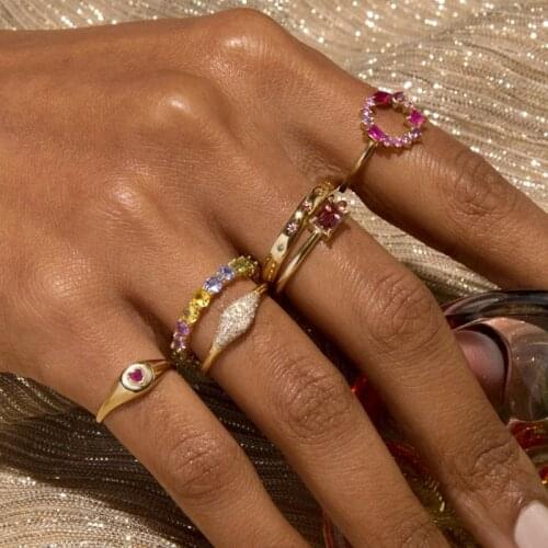 925 Sterling Silver Classic Gold Color Heart Shape Ruby Signet Ring Geometric CZ Inset Delicate Simple Stacking Band Finger Ring