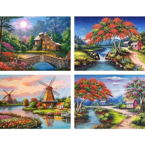 5D DIY Diamond Painting landscape Villa Cottage Cross stitch Full Drill Diamond Embroidery Mosaic Picture Rhinestone Home Decor