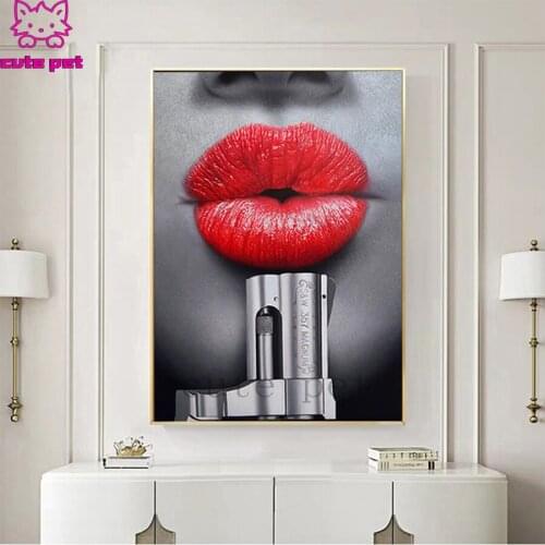 5D DIY Diamond Painting Modern art, red lips and guns cross stitch full square/round diamond mosaic embroidery