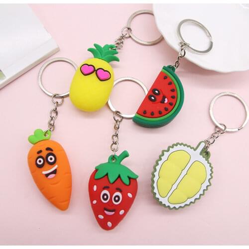 Cute Cartoon Fruits Keychain PVC Carrot Strawberry Pineapple Watermelon Keychains Women Bag Pendant keyring