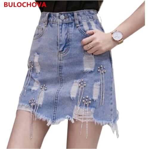 BULOCHOVA 2021 Summer Women Retro Washed Beaded Hole A Line Denim Skirt High Waist Buttocks Mini Cowboy Skirts Large Size 2XL