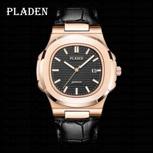 PLADEN Punk Watch Mens Young Style Rose Gold Quartz Clock Minimalist Black Leather Watreproof Clock Auto Date Relogio Masculino