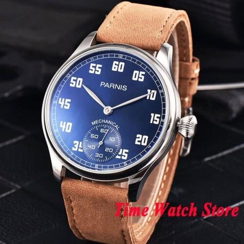 44mm Parnis mens watch blue dial luminous 17 jewels mechanical 6498 hand winding movement wrist watch men 953