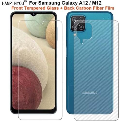 For Samsung Galaxy A12 / M12 6.5" 1 Set = Soft Back Carbon Fiber Film + Ultra Thin Tempered Glass Front Screen Protector