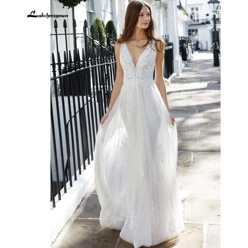 Robe de soirée de mariage V Neck Lace Backless Boho Wedding Dresses V Shape Back Sleeveless sukienka na wesele lakshmigown 2021