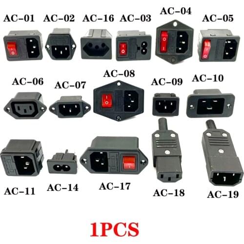 IEC320 C14 Electrical AC Socket 3 pin red LED 250V Rocker Switch 10A fuse female male inlet plug connector 2 pin socket mount