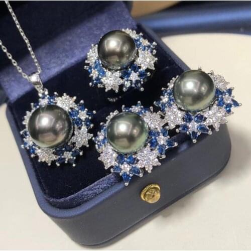 D801 Pearl Set Fine Jewelry 925 Sterling Silver Round 10-12mm Zircons Nature Sea Water Tahiti Pearls Jewelry Sets for Women