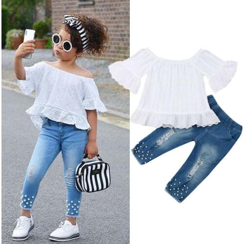1-6Y Girls Clothing Sets Fashion Baby Girl Clothes White Tops T-shirt Kids Denim Long Pants Jeans Toddler Outfits Set