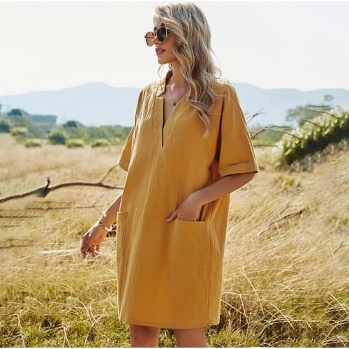 Summer Women Fashion Solid Short Sleeve Sexy V-neck Dress Casual High Waist Pocket Street Loose Elegant A-Line Dress