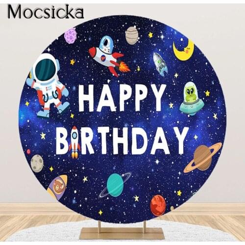 Mocsicka Outer Space Party Decoration Backdrop Kid Birthday Party Space Planet Galaxy Astronaut to The Moon Round Circle Cover