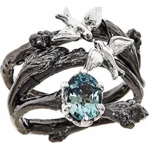 Unique Vintage Gun black branches Bird Zircon Rings Set for Women Accessories Gift Statement Jewelry Fashion Women Rings Set