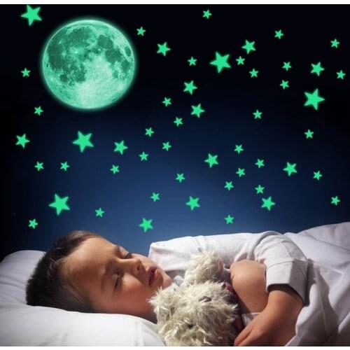Glow in The Dark Stars&Moon Wall Stickers Adhesive Bright and Realistic Stars and Full Moon for Starry Sky Shining Decoration