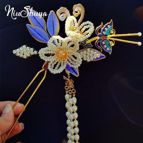 NiuShuya New Delicate Retro Chinese Style Hairpins Flower Pearl Tassel Hair Fork Sticks for Women Girls Hanfu Dress
