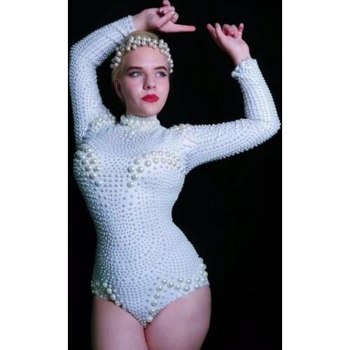 New White Pearl Beading Bodysuit Jazz Dance Outfit Evening Stage Show Performance Costume Prom Birthday Bar Women Singer Clothes
