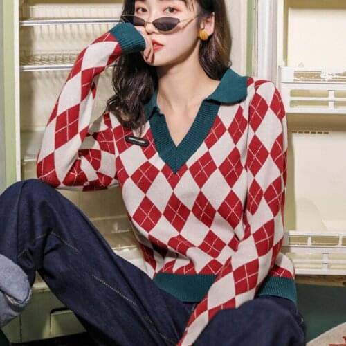 New Fashion Plaid Vintage Womens Sweater Pullovers Tops Casual Autumn V-Neck Long Sleeve Elegant Female Sweet Knitted Sweaters