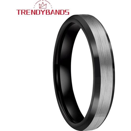 4MM Engagement Rings Tungsten Carbide Wedding Bands For Women Black Beveled Edges Brushed Finish Comfort Fit