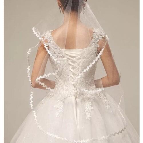 One Layer Cathedral Short Wedding Veil Floral Leaves Lace Edge Trim Appliques White