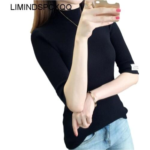 2021 Autumn Winter Knitted Sweater Pullovers Half High Collar Sweater For Women Half Sleeve White Black Soft Female Clothing New