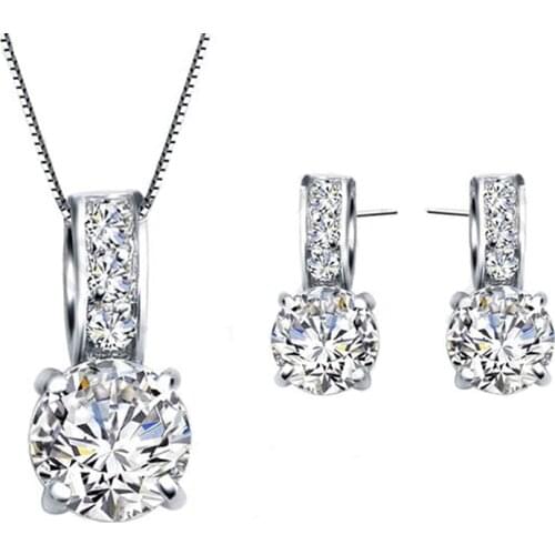 European Brand 925 Sterling Silver Cubic Zircon Pendant Necklace/Earring Women Jewelry Sets Wholesale