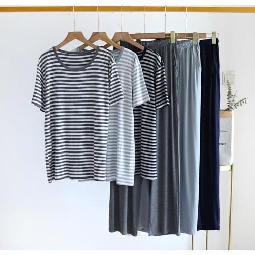 Pijama Mujer New Loose Striped Sleepwear Set Short Sleeve Modal Pajamas Women Spring Summer Home Clothes 2021 Pyjama Femme Suit