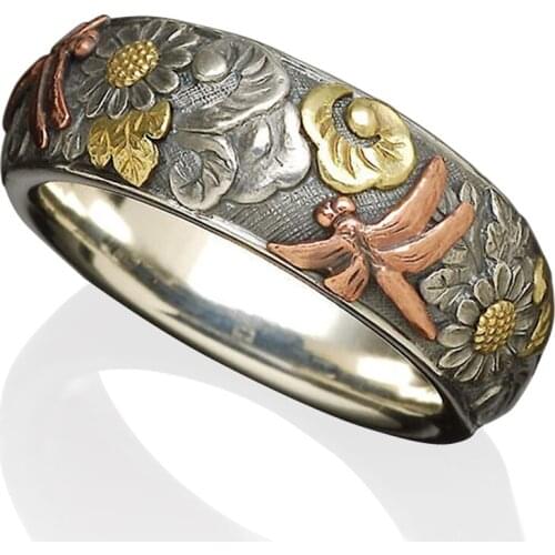 Retro Flower Dragonfly Ring Women Two Tone Finger Ring Creative Engraved Flower Dragonfly Animal Ring Banquet Party Jewelry