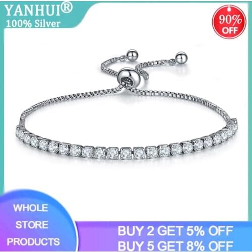 Fine Charm Bracelets For Women Real 925 Sterling Silver White CZ Beads Link Tennis Bracelet With Box Chain Adjustable HB76