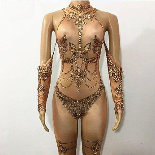 Sexy Gold Stones Nude Jumpsuits Big Stretch Rhinestones Bodysuit Nightclub Women Dance Show Prom Party Sexy One-piece Stage Wear