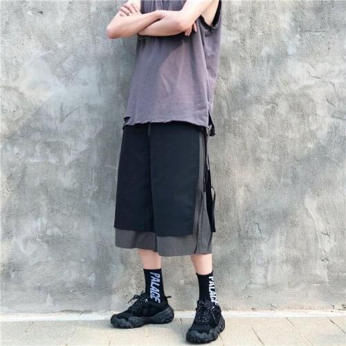 Summer Mens casual shorts thin section youth loose straight 5 cropped trousers Stitching fake two-piece lace-up shorts 3XL