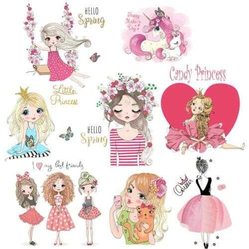 Prajna Fashion Girl Iron-On Transfer Vinyl Patch Princess Girl Iron On patches Thermal Sticker On Clothes DIY Unicorn Applique