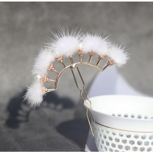 Women Girls U-Shaped Hair Clips Fashion Hairball Pearl Decorative Hairpins Vintage Chinese Style Bridal Wedding Hair Accessories